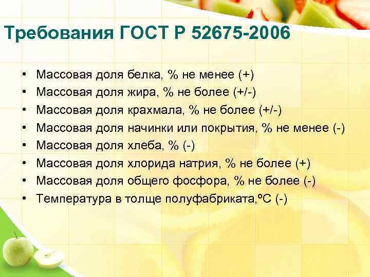 Требования ГОСТ Р 52675 -2006 • • Массовая доля белка, % не менее (+)