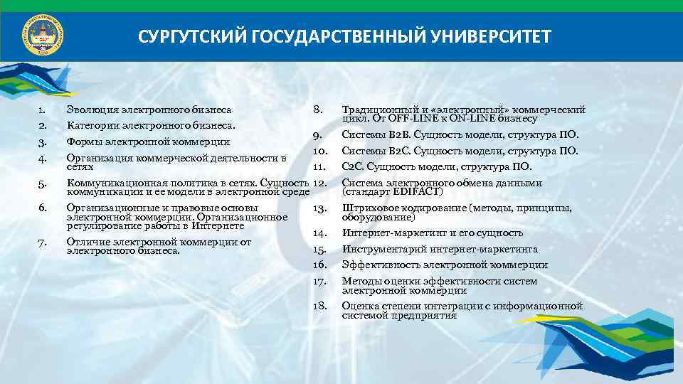 СУРГУТСКИЙ ГОСУДАРСТВЕННЫЙ УНИВЕРСИТЕТ 1. 2. 3. 4. 5. 6. 7. Эволюция электронного бизнеса 8.