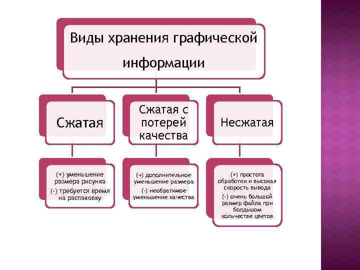 Виды хранения графической информации Сжатая (+) уменьшение размера рисунка (-) требуется время на распаковку