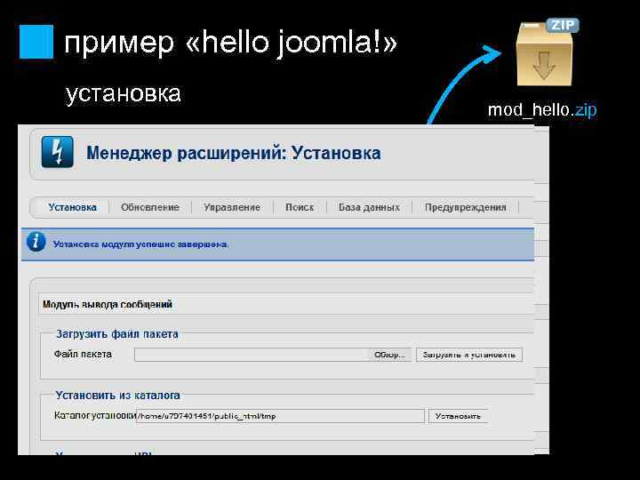 пример «hello joomla!» установка mod_hello. zip 