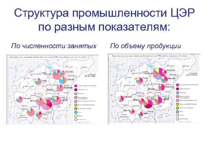 Структура промышленности ЦЭР по разным показателям: По численности занятых По объему продукции 