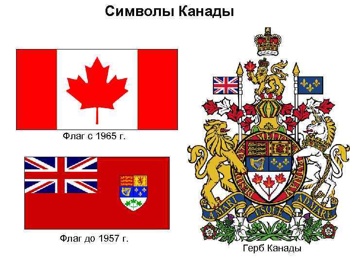 Символы Канады Флаг с 1965 г. Флаг до 1957 г. Герб Канады 
