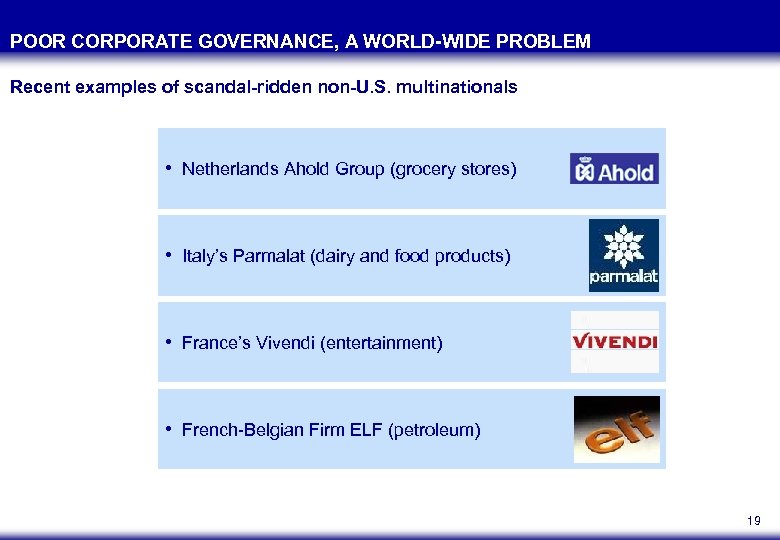 POOR CORPORATE GOVERNANCE, A WORLD-WIDE PROBLEM Recent examples of scandal-ridden non-U. S. multinationals •