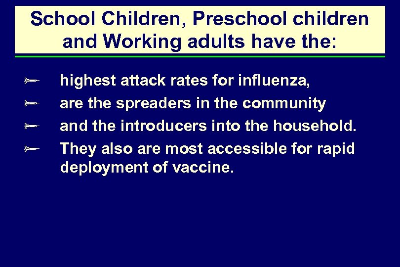 School Children, Preschool children and Working adults have the: ø ø highest attack rates
