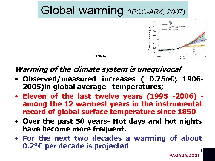 Global warming (IPCC-AR 4, 2007) PAGASA Warming of the climate system is unequivocal •