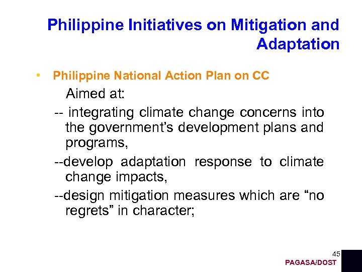 Philippine Initiatives on Mitigation and Adaptation • Philippine National Action Plan on CC Aimed