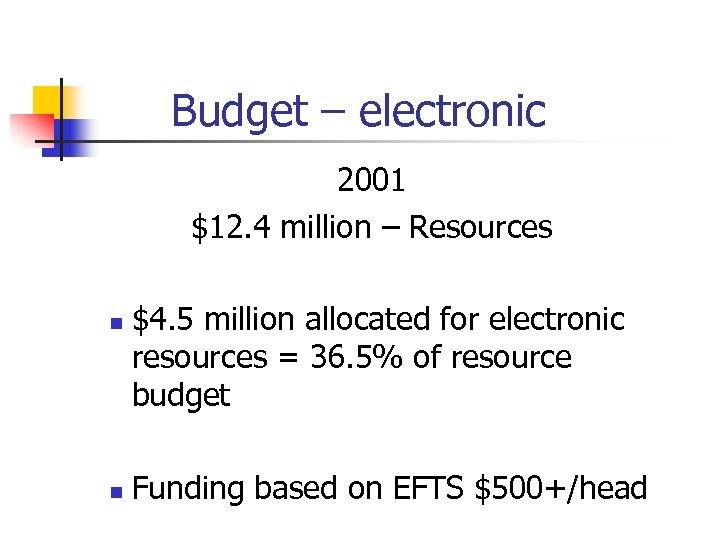 Budget – electronic 2001 $12. 4 million – Resources n n $4. 5 million