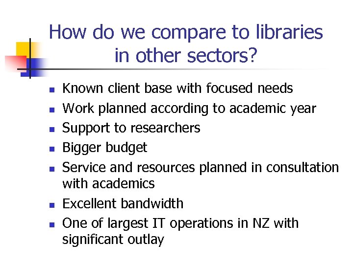 How do we compare to libraries in other sectors? n n n n Known