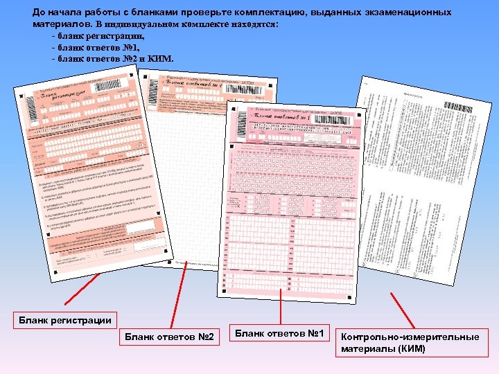 До начала работы с бланками проверьте комплектацию, выданных экзаменационных материалов. В индивидуальном комплекте находятся: