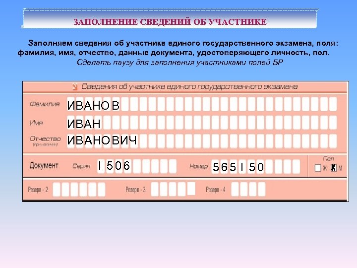 ЗАПОЛНЕНИЕ СВЕДЕНИЙ ОБ УЧАСТНИКЕ Заполняем сведения об участнике единого государственного экзамена, поля: фамилия, имя,