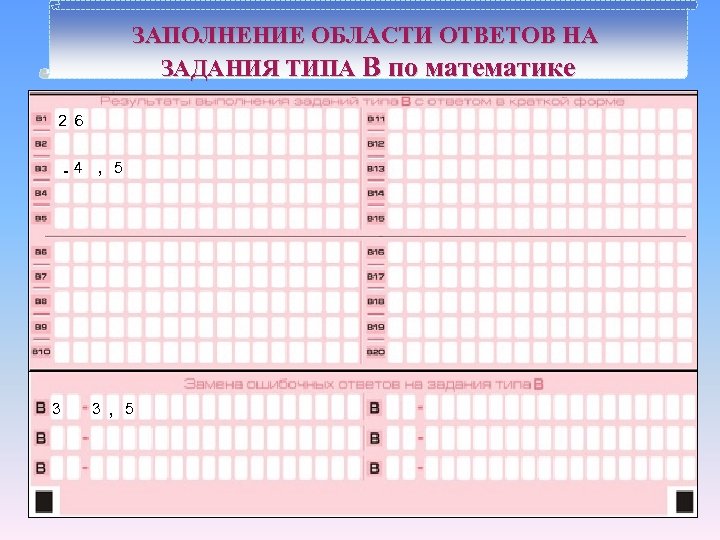 ЗАПОЛНЕНИЕ ОБЛАСТИ ОТВЕТОВ НА ЗАДАНИЯ ТИПА В по математике 2 6 -4 3 ,