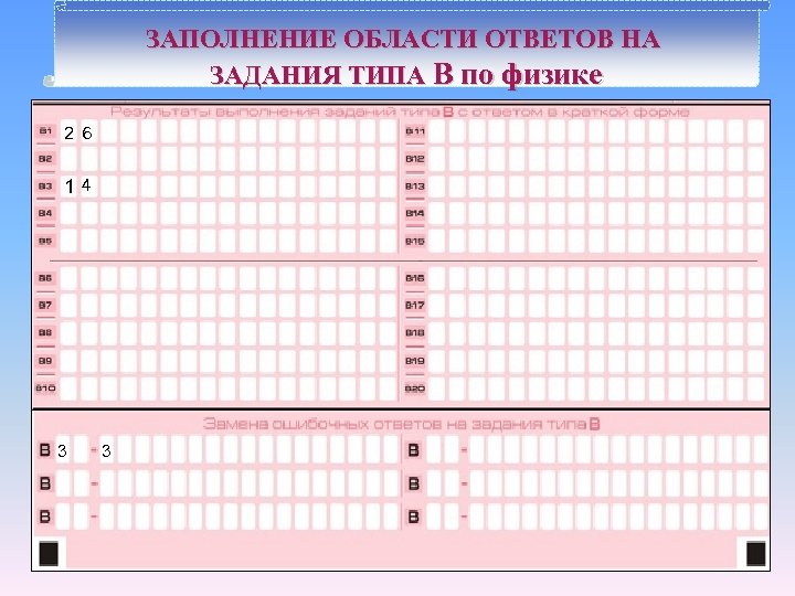 ЗАПОЛНЕНИЕ ОБЛАСТИ ОТВЕТОВ НА ЗАДАНИЯ ТИПА В по физике 2 6 14 3 3