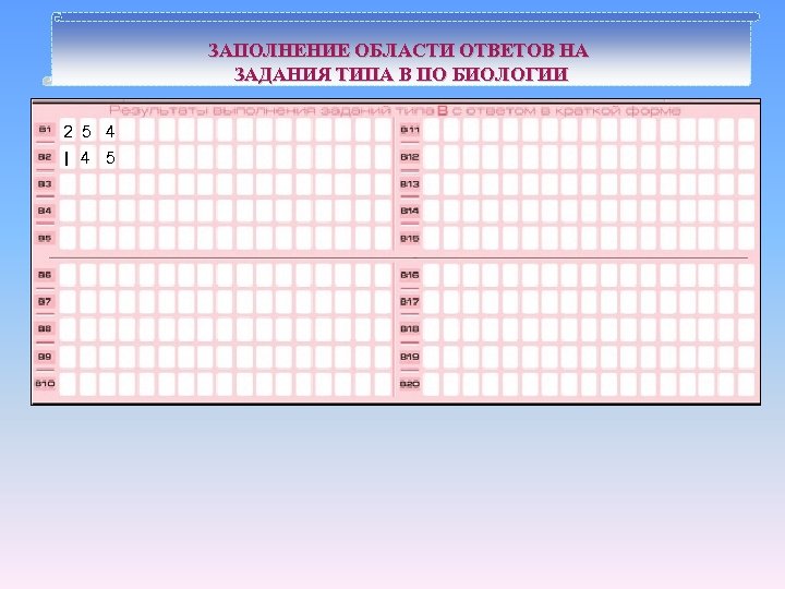 ЗАПОЛНЕНИЕ ОБЛАСТИ ОТВЕТОВ НА ЗАДАНИЯ ТИПА В ПО БИОЛОГИИ 2 5 4 I 4