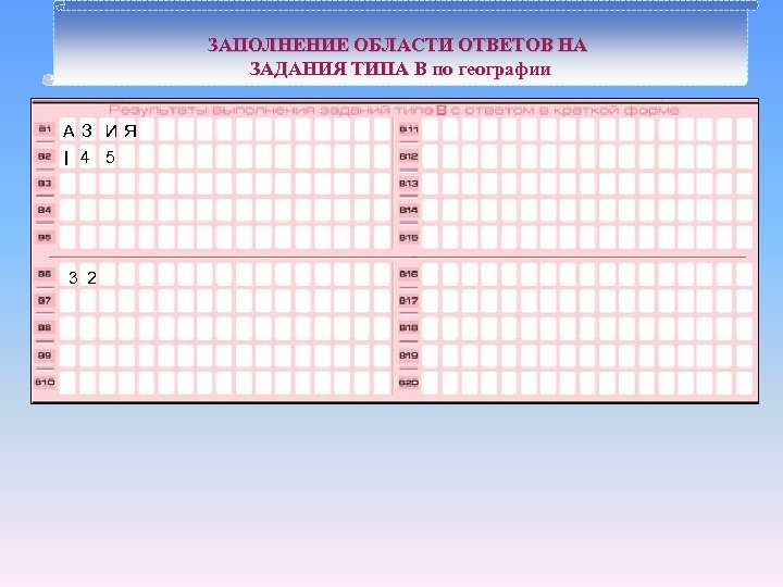 ЗАПОЛНЕНИЕ ОБЛАСТИ ОТВЕТОВ НА ЗАДАНИЯ ТИПА В по географии А З ИЯ I 4