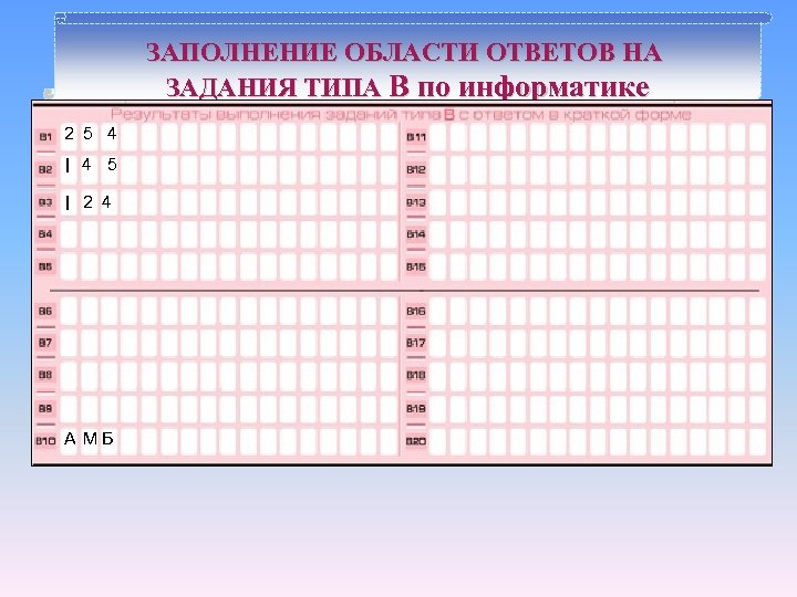 ЗАПОЛНЕНИЕ ОБЛАСТИ ОТВЕТОВ НА ЗАДАНИЯ ТИПА В по информатике 2 5 4 I 4