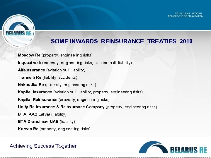 BELARUSIAN NATIONAL REINSURANCE ORGANIZATION SOME INWARDS REINSURANCE TREATIES 2010 Moscow Re (property, engineering risks)