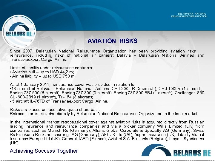 BELARUSIAN NATIONAL REINSURANCE ORGANIZATION AVIATION RISKS Since 2007, Belarusian National Reinsurance Organization has been