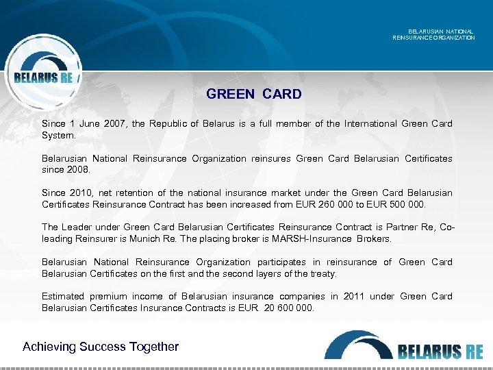 BELARUSIAN NATIONAL REINSURANCE ORGANIZATION GREEN CARD Since 1 June 2007, the Republic of Belarus