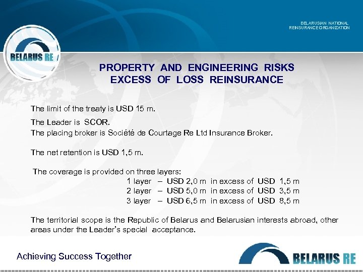BELARUSIAN NATIONAL REINSURANCE ORGANIZATION PROPERTY AND ENGINEERING RISKS EXCESS OF LOSS REINSURANCE The limit