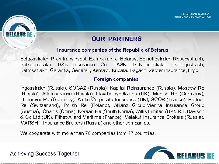 BELARUSIAN NATIONAL REINSURANCE ORGANIZATION OUR PARTNERS Insurance companies of the Republic of Belarus Belgosstrakh,