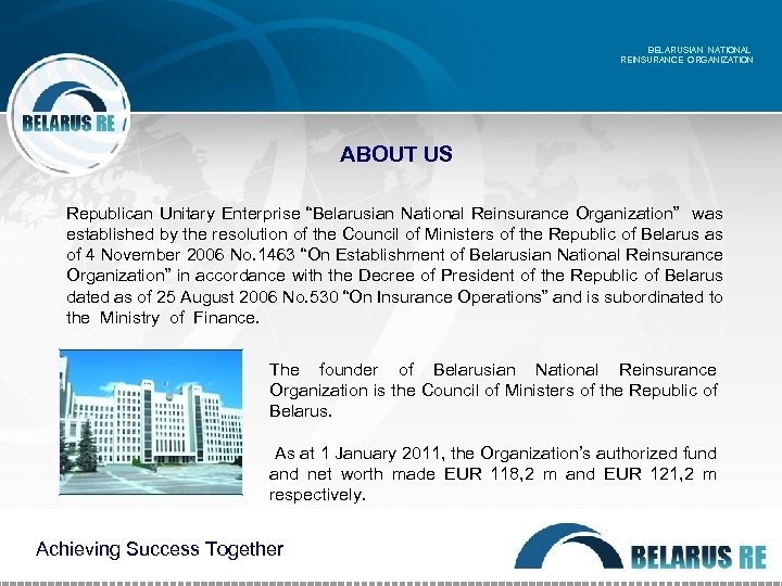 BELARUSIAN NATIONAL REINSURANCE ORGANIZATION ABOUT US Republican Unitary Enterprise “Belarusian National Reinsurance Organization” was