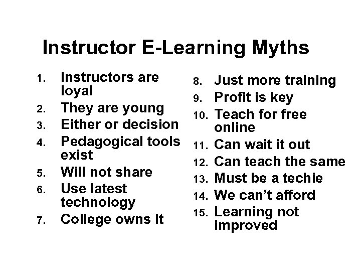 Instructor E-Learning Myths 1. 2. 3. 4. 5. 6. 7. Instructors are loyal They