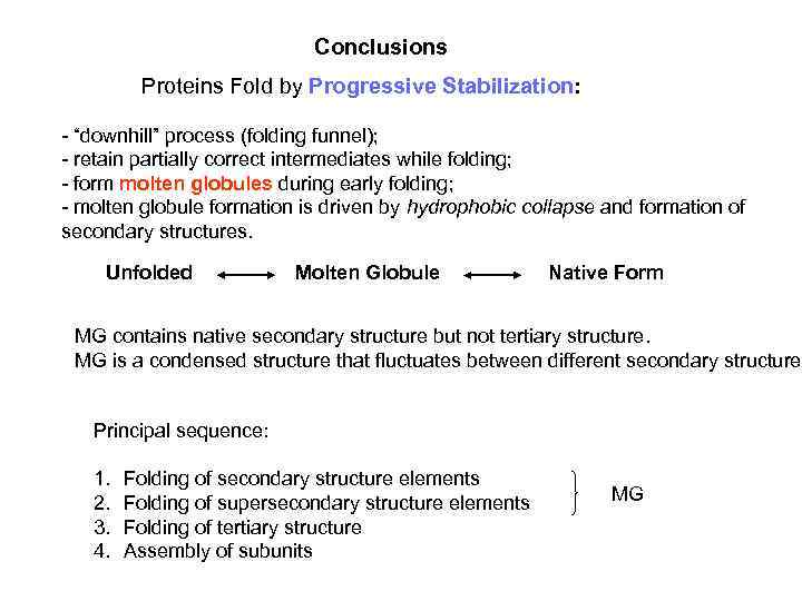 Conclusions Proteins Fold by Progressive Stabilization: - “downhill” process (folding funnel); - retain partially