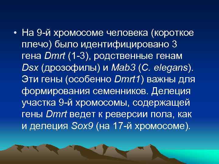  • На 9 -й хромосоме человека (короткое плечо) было идентифицировано 3 гена Dmrt