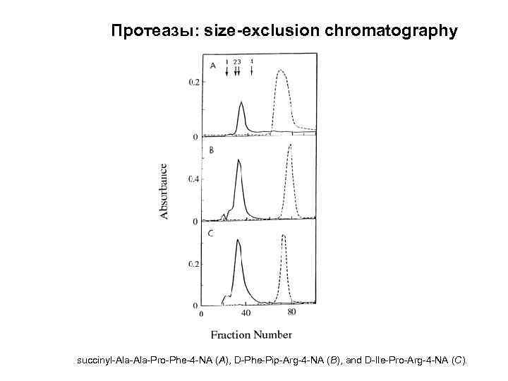 Протеазы: size-exclusion chromatography succinyl-Ala-Pro-Phe-4 -NA (A), D-Phe-Pip-Arg-4 -NA (B), and D-Ile-Pro-Arg-4 -NA (C). 