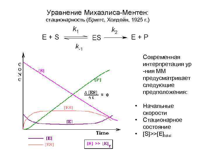 Уравнение Михаэлиса-Ментен: стационарность (Бриггс, Холдейн, 1925 г. ) Современная интерпретация ур -ния ММ предусматривает