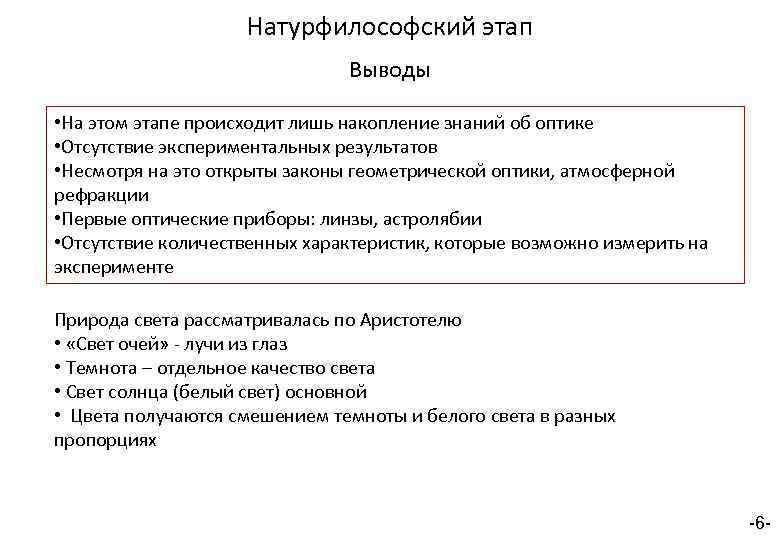 Натурфилософский этап Выводы • На этом этапе происходит лишь накопление знаний об оптике •