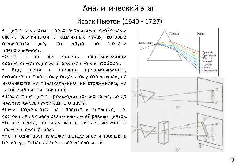 Аналитический этап Исаак Ньютон (1643 - 1727) • Цвета являются первоначальными свойствами света, различными