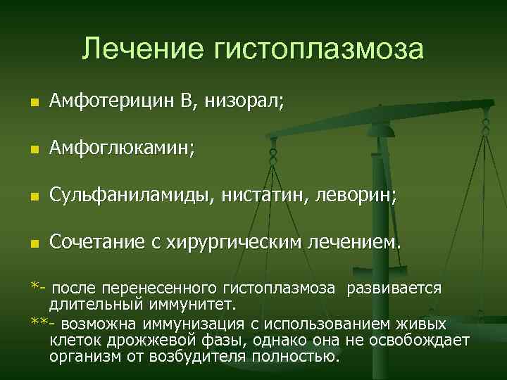 Лечение гистоплазмоза n Амфотерицин В, низорал; n Амфоглюкамин; n Сульфаниламиды, нистатин, леворин; n Сочетание