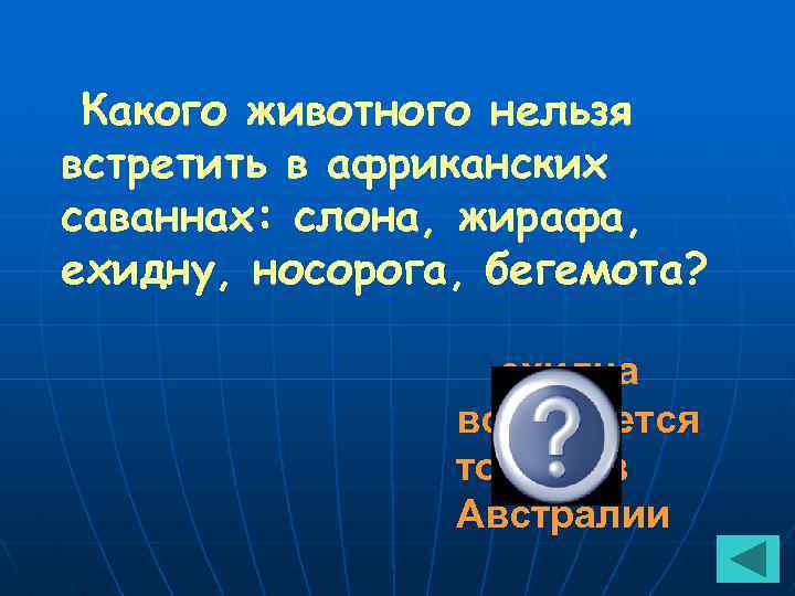 Какого животного нельзя встретить в африканских саваннах: слона, жирафа, ехидну, носорога, бегемота? ехидна встречается