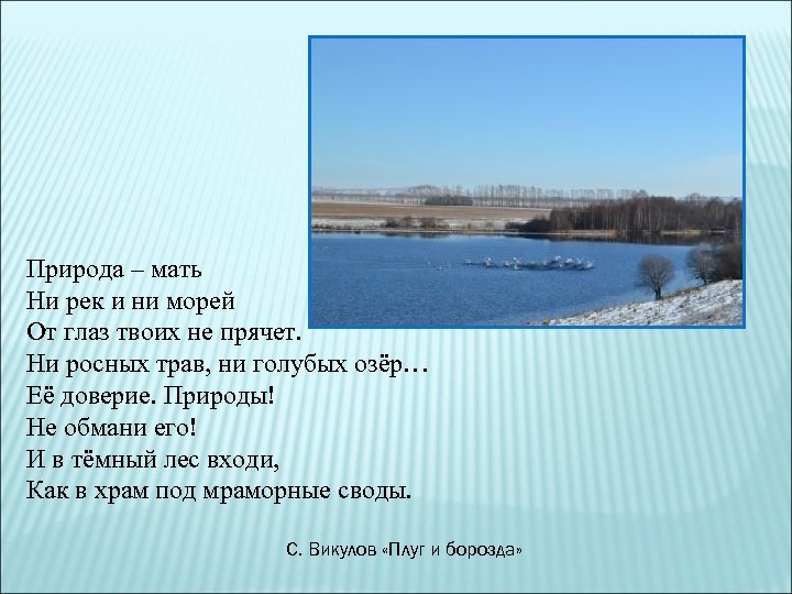 Природа – мать Ни рек и ни морей От глаз твоих не прячет. Ни