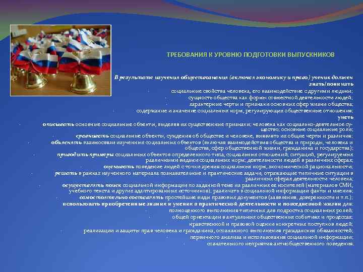 ТРЕБОВАНИЯ К УРОВНЮ ПОДГОТОВКИ ВЫПУСКНИКОВ В результате изучения обществознания (включая экономику и право) ученик