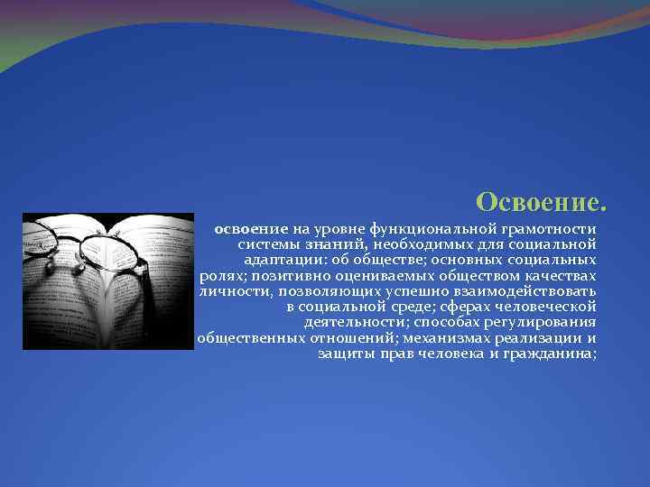 Освоение. освоение на уровне функциональной грамотности системы знаний, необходимых для социальной адаптации: об обществе;