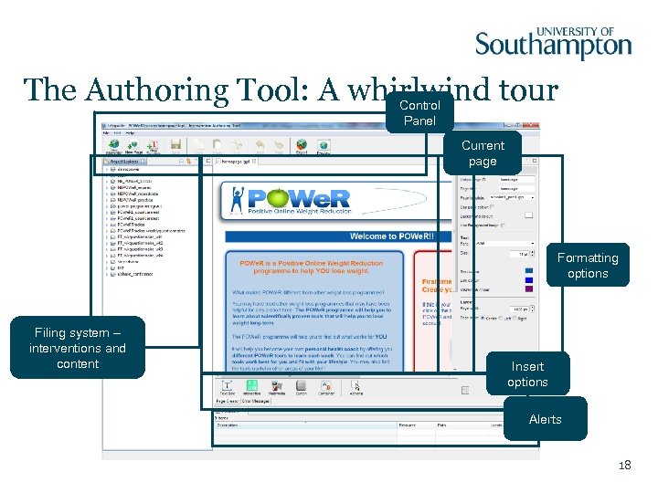 The Authoring Tool: A whirlwind tour Control Panel Current page Formatting options Filing system