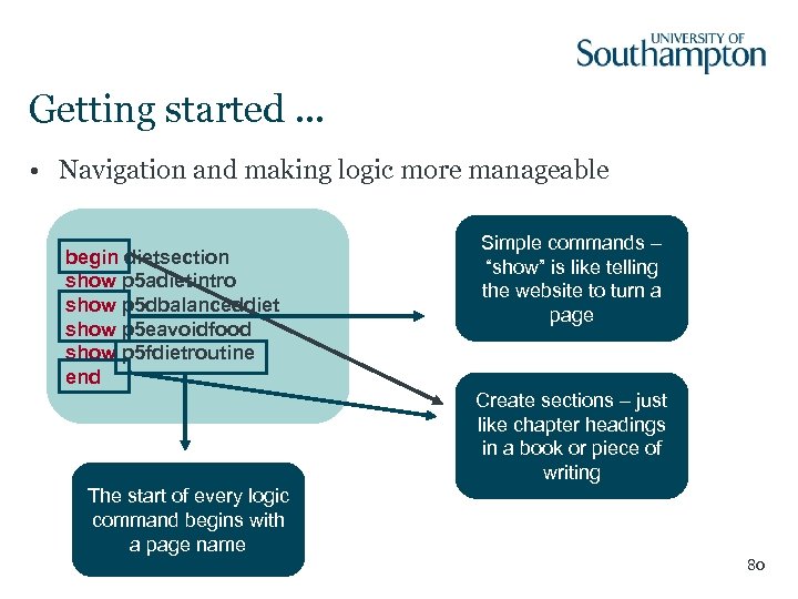 Getting started. . . • Navigation and making logic more manageable begin dietsection show