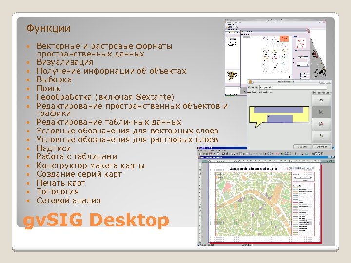 Функции Векторные и растровые форматы пространственных данных Визуализация Получение информации об объектах Выборка Поиск
