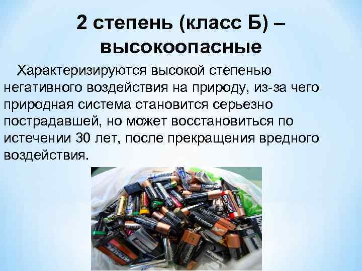 2 степень (класс Б) – высокоопасные Характеризируются высокой степенью негативного воздействия на природу, из-за