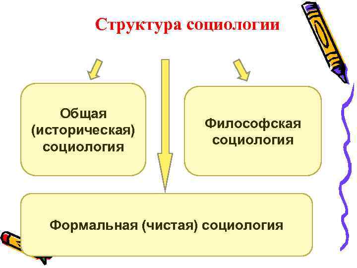 Структура социологии Общая (историческая) социология Философская социология Формальная (чистая) социология 