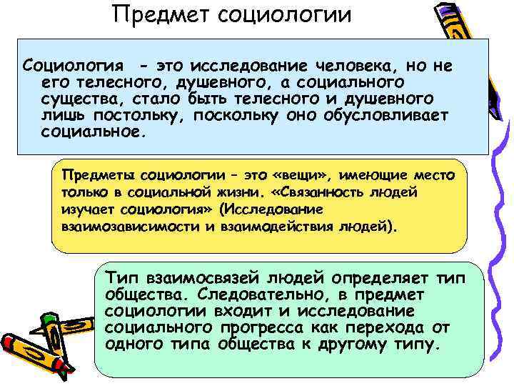 Предмет социологии Социология - это исследование человека, но не его телесного, душевного, а социального