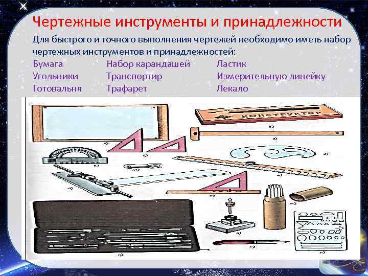 Чертежные инструменты и принадлежности Для быстрого и точного выполнения чертежей необходимо иметь набор чертежных