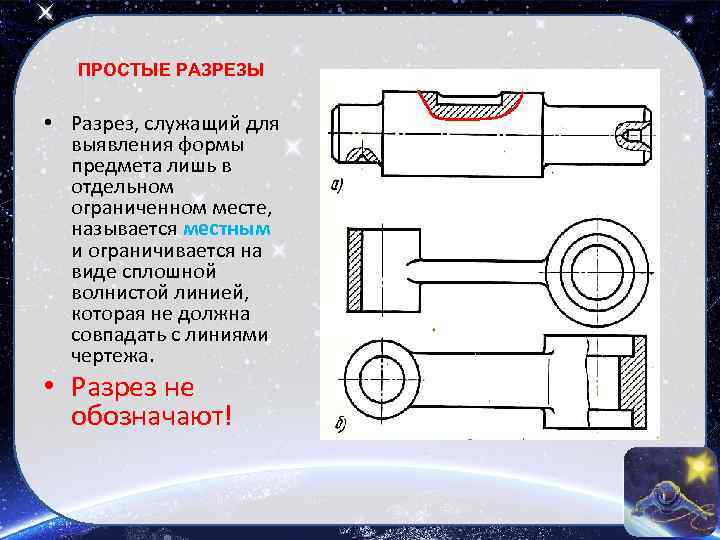 ПРОСТЫЕ РАЗРЕЗЫ • Разрез, служащий для выявления формы предмета лишь в отдельном ограниченном месте,