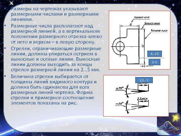  • Размеры на чертежах указывают размерными числами и размерными линиями. • Размерные числа