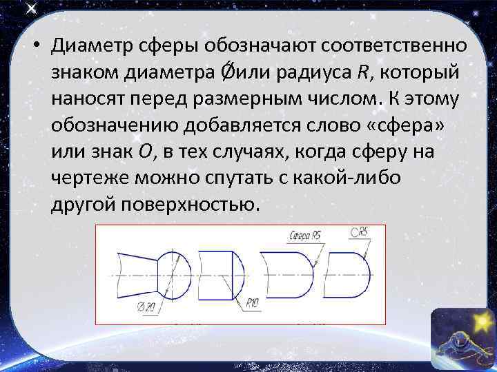  • Диаметр сферы обозначают соответственно знаком диаметра Ǿили радиуса R, который наносят перед