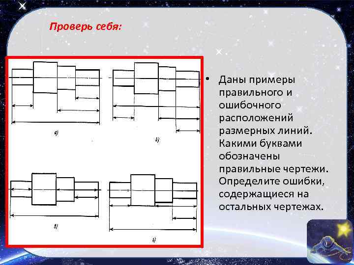 Проверь себя: • Даны примеры правильного и ошибочного расположений размерных линий. Какими буквами обозначены