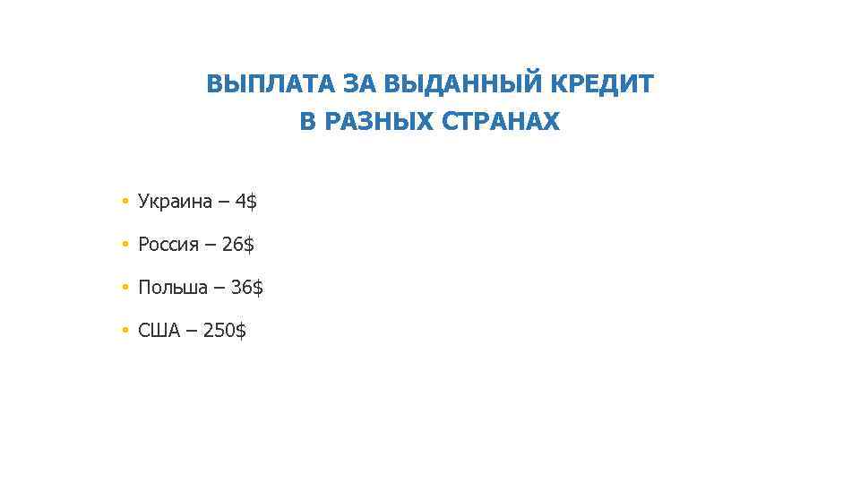 ВЫПЛАТА ЗА ВЫДАННЫЙ КРЕДИТ В РАЗНЫХ СТРАНАХ • Украина – 4$ • Россия –