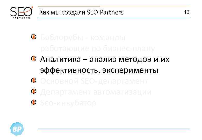 Как мы создали SEO. Partners Баблорубы - команды работающие по бизнес-плану Аналитика – анализ